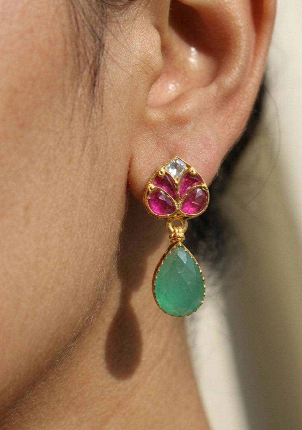 Green Onyx Polki Drop Earrings
