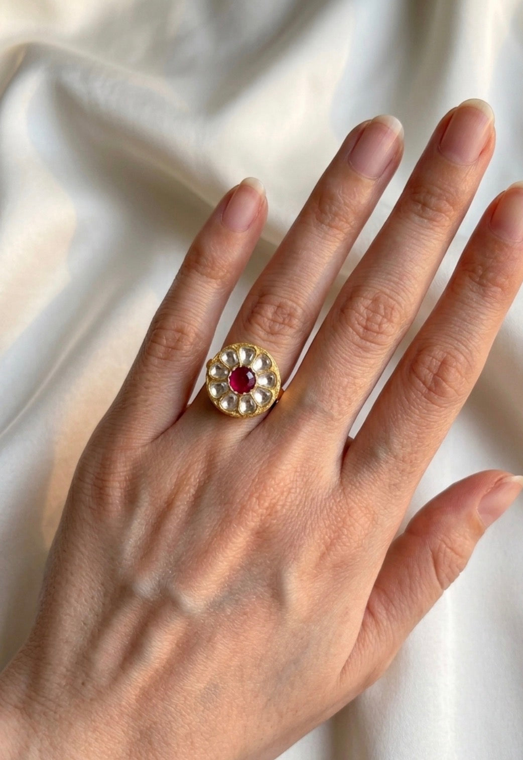 White Floral Kundan Finger Ring