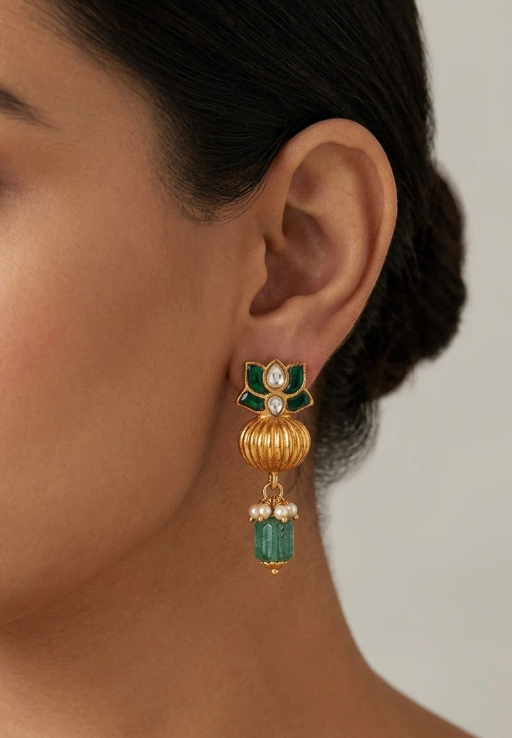 Green Floral Kundan Drop Earrings