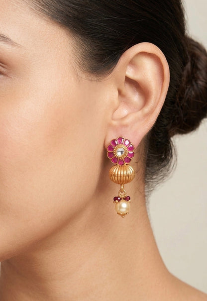 Pink Floral Kundan Drop Earrings