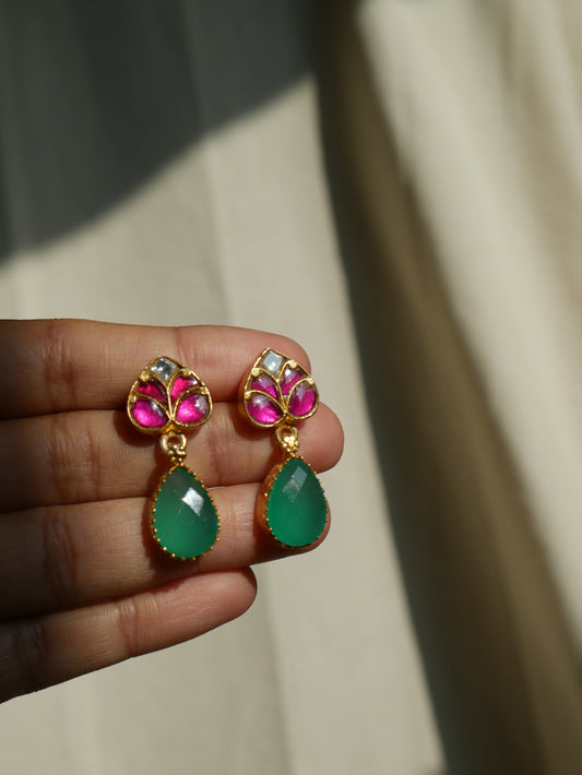 Green Onyx Polki Drop Earrings