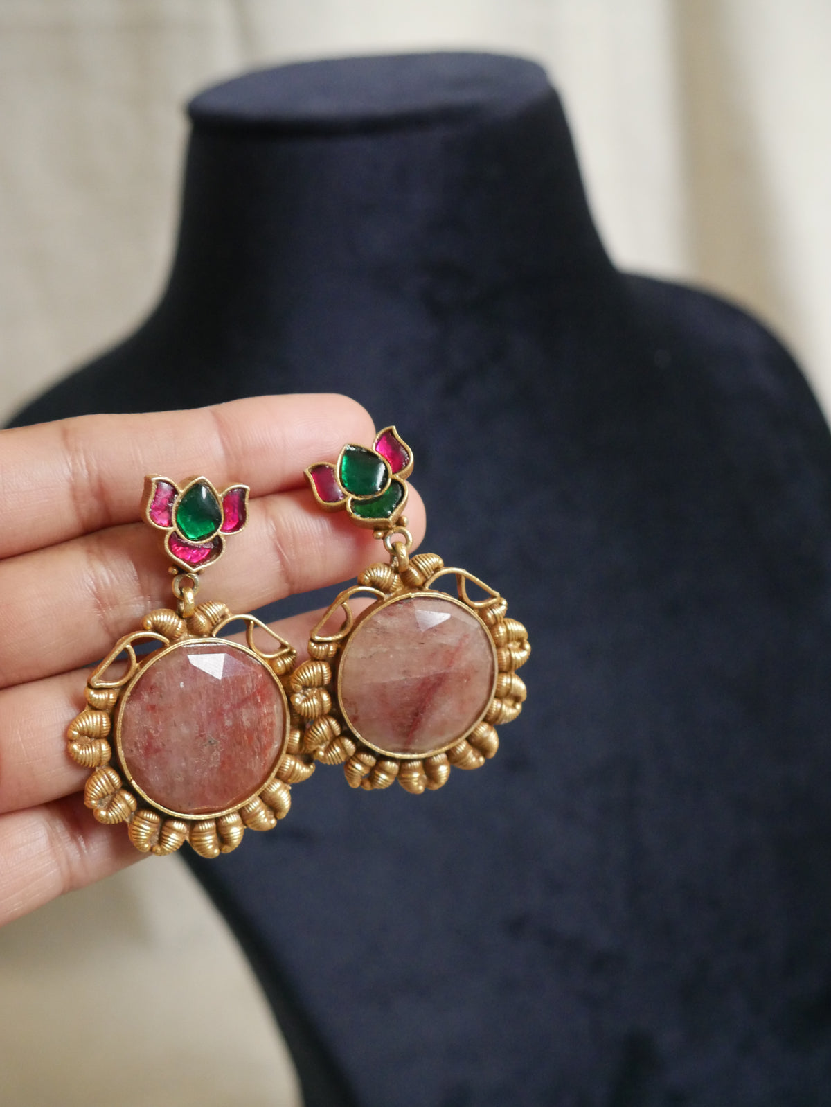 Strawberry Quartz Kundan Earrings