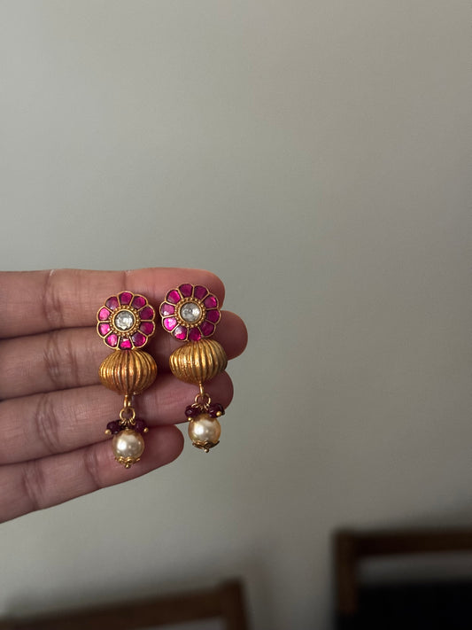 Pink Floral Kundan Drop Earrings