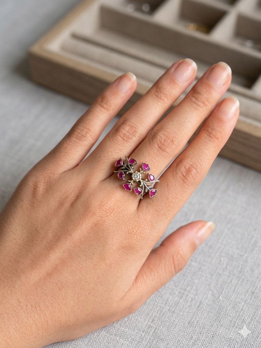 Pink Flower Branch Finger Ring