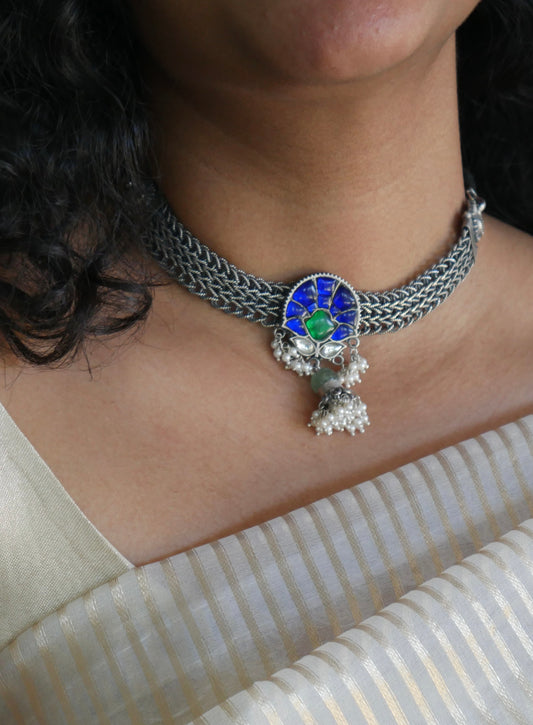 Blue Mosaic Silver Choker Necklace