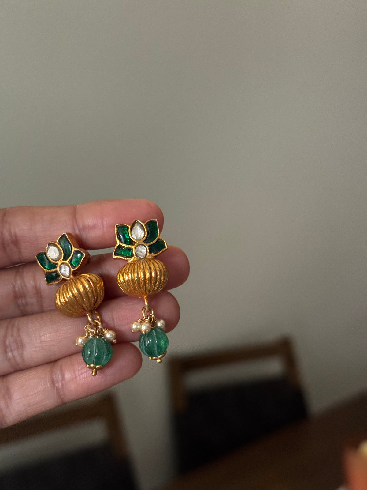 Green Floral Kundan Drop Earrings