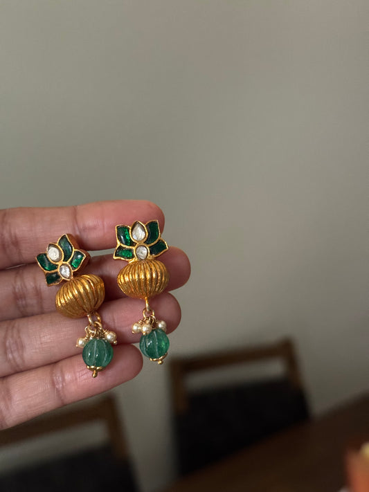 Green Floral Kundan Drop Earrings