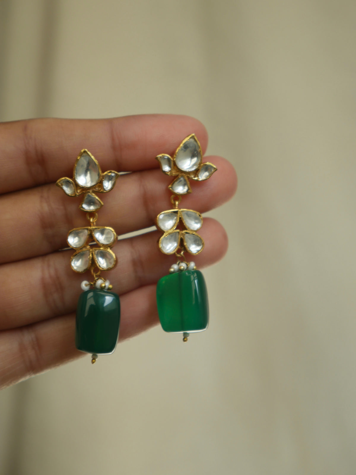 Green Onyx Polki Drop Earrings