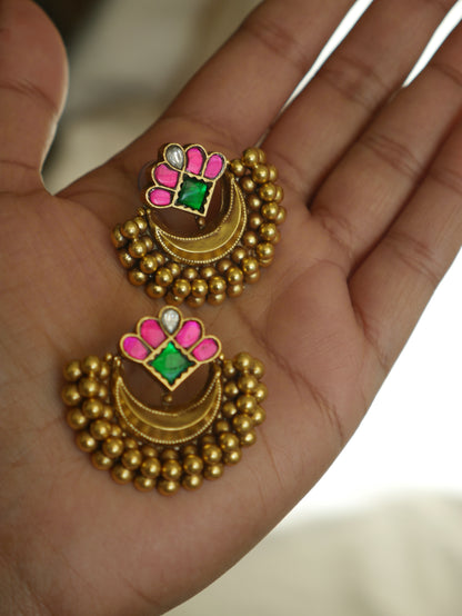 Pink Floral Chandbali Earrings