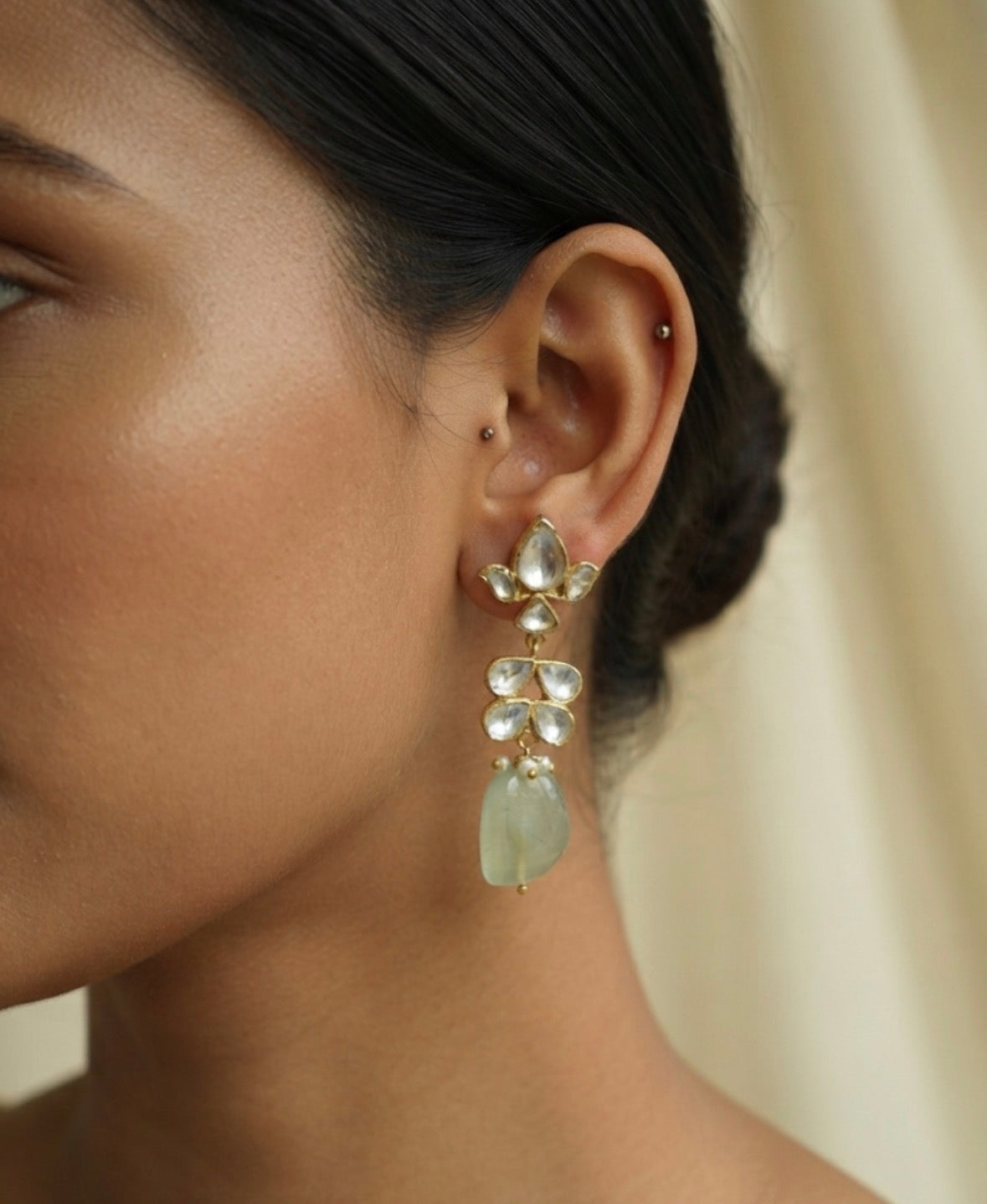 Green Quartz & Polki Drop Earrings