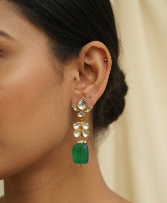 Green Onyx Polki Drop Earrings