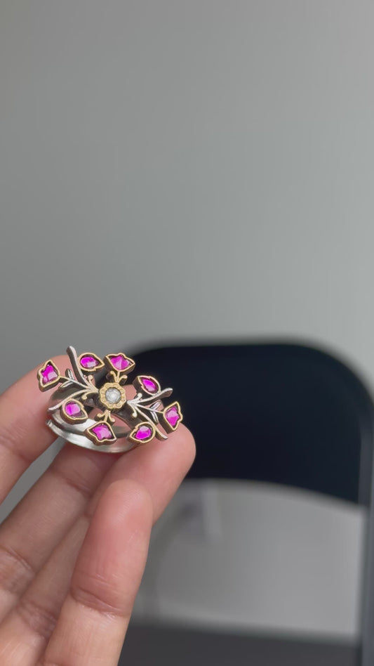 Pink Flower Branch Finger Ring