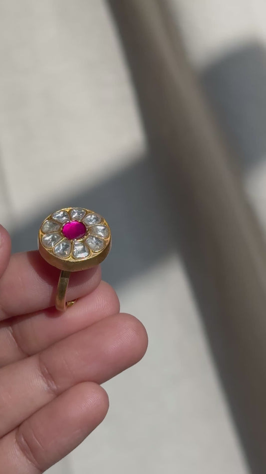 White Floral Kundan Finger Ring