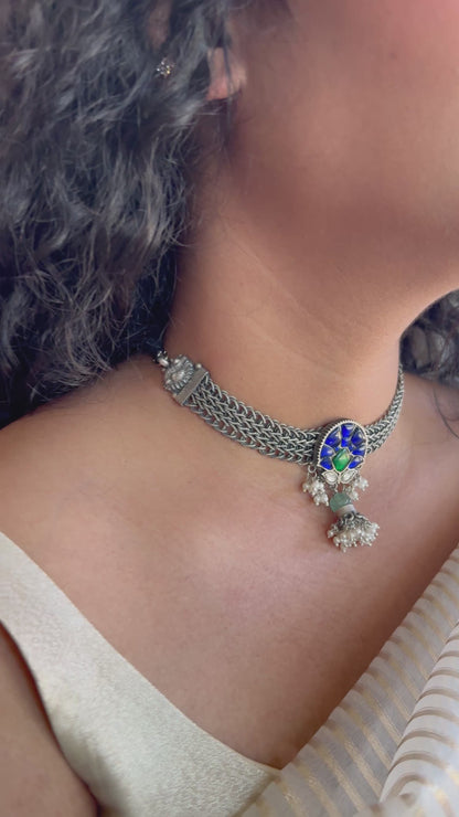 Blue Mosaic Silver Choker Necklace
